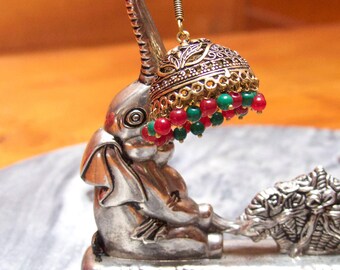 Vintage 1990 Jhumka Earrings Large Handmade Brass Indian Red Green Glass Beads New Old Stock Bohemian Style