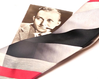 1980s Neck Tie: Vogue Australia  Retro Grey Black Red Stripe Design