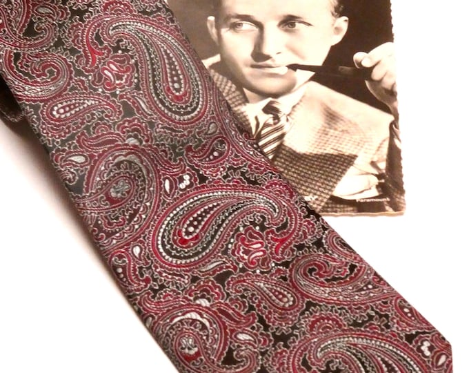1980s Neck Tie: Givenchy Retro Charcoal Silver and Maroon Paisley Design