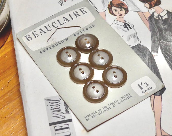 Vintage 1950 Beauclaire Bakelite Dress Buttons Two-Tone Grey Brown Set 6 Vintage Haberdashery