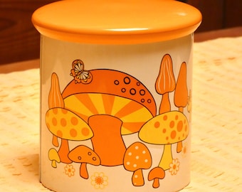 Vintage Retro Willow Tin Canister Psychedelic Orange Mushroom Print