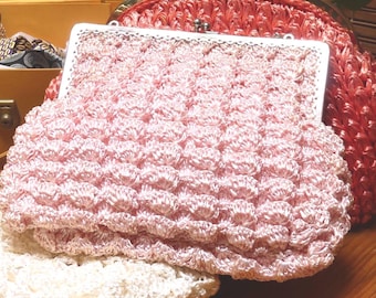 Vintage 60s Crocheted Raffia Handbag, Soft Pink Summer Purse