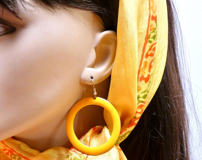Vintage 1970 Retro Earrings Hoops Sunshine Yellow Enamel Bohemian Festival Jewellery