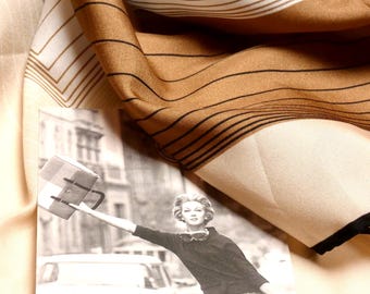 Vintage Retro 1980 Square Scarf Leonardi Signed Geometric Design in Cream Ivory Chocolate Brown Colour Way Black Trim Hand Rolled Edges