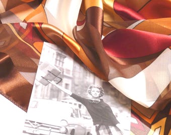 Vintage Retro 1980 Large Scarf/Shawl Sheer Satin Polyester Fabric Brown Gold Red Colour Way Geometric Pattern and Brown Hand Rolled Edge