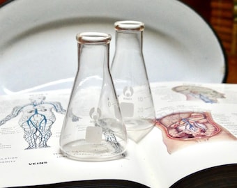 Vintage Pair of 1980s Science Beakers Small Clear Glass Flasks Vintage Chemist Collectable Apothecary