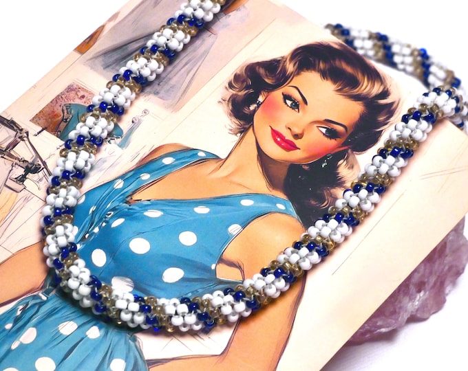 Vintage 1970 Beaded Choker Necklace White Blue Gold Glass Beads