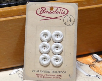 Vintage MCM Carded Buttons Haberdashery BeauClaire White Concetric Curls Textured Buttons Sewing Box Notions on Original Pre-Decimal Card