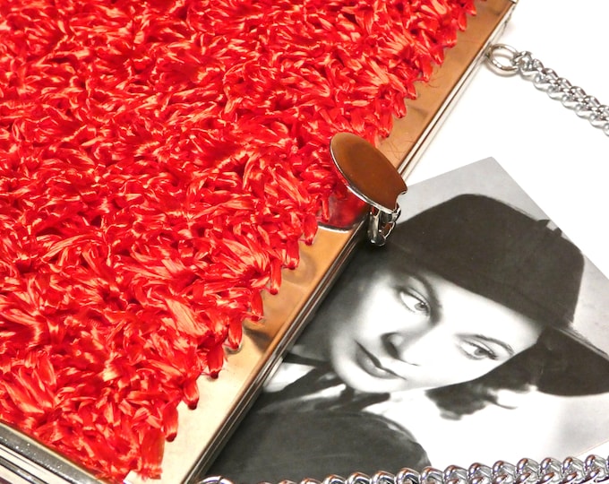 Vintage 1960 Crocheted Raffia Watermelon Red Handbag Silver Metal Clasp