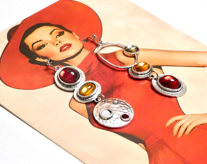 Vintage MOD Revival Earrings Silver Tone Metal and Coloured Stones