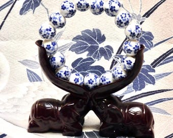 Vintage Beaded Bracelet 1990 Jingzenhen Ceramic Blue Blossom Hand Painted Beads