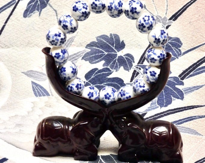 Vintage Beaded Bracelet 1990 Jingzenhen Ceramic Blue Blossom Hand Painted Beads