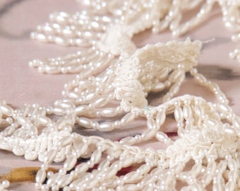 Vintage 1980s Beaded Fringed Trim Haberdashery Sewing Needlecraft White Pearl Trim