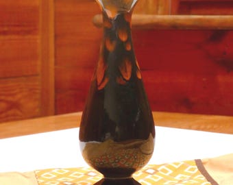 Vintage 1970 Bud Vase Black Ceramic with Orange Splashes Retro Home Decor
