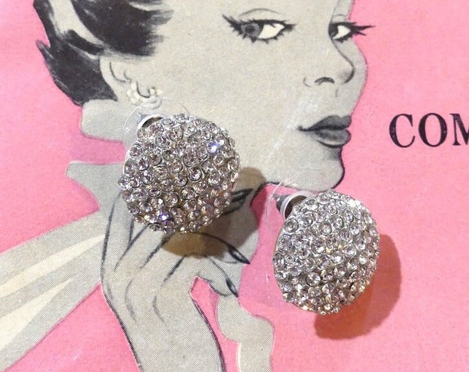 Vintage MCM 1950s Classic Dome Clear Rhinestone Stud Earrings Pierced Timeless Stylish Silver Metal Evening Bridal Jewellery