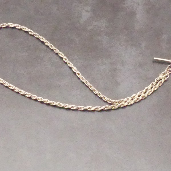 Antique Victorian Silver Rope Link Long Fob Watch Chain with T Bar