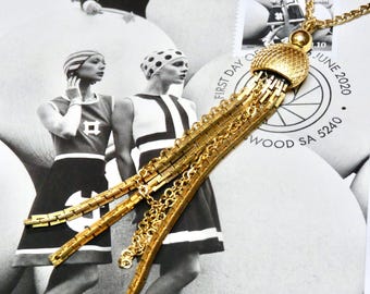 Vintage Glomesh styled Necklace 1960s MOD Mid Century Modern Gold Mesh Tasseled in Gold Tones Vintage fashion accessory
