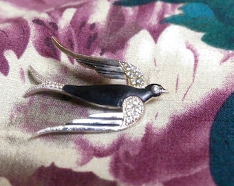 Vintage 1980s Retro Enamel and Rhinestone Bird Brooch Pin Ebony Black Enamel with Clear Rhinestones on wings