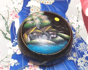 Vintage 1960s Asian Japanese Lacquer Ware Hand Painted Jewellery Treasure Box Vanity Dish