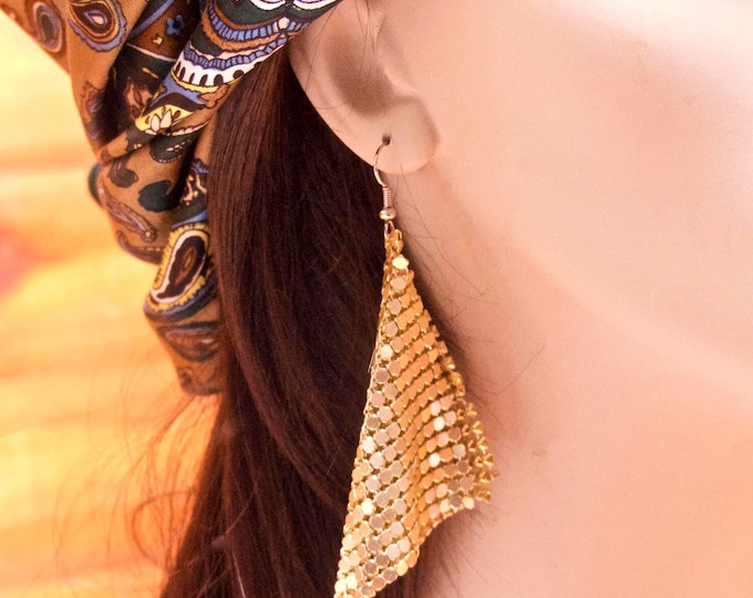 Handmade Gold Glomesh Tiled Earrings, Bohemian Dangle Drop