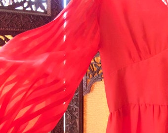Vintage 1970s Maxi Dress Boho Fashionista Festive Red Fit and Flare Dress with Sheer Long Sleeves Fun Fashion
