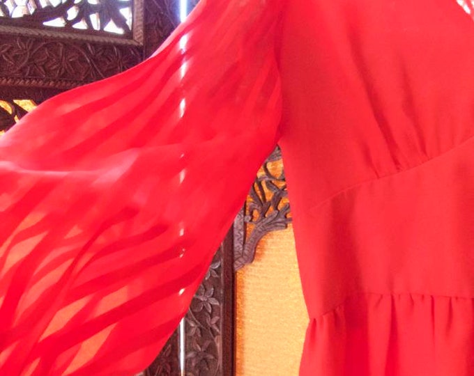 Vintage 1970s Maxi Dress Boho Fashionista Festive Red Fit and Flare Dress with Sheer Long Sleeves Fun Fashion