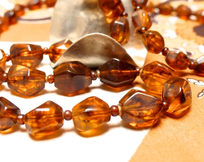 Vintage Amber Brown Plastic Bead Necklace: Long Bohemian Strand