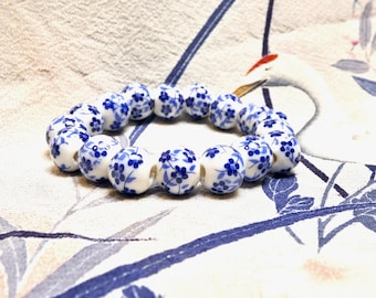 Vintage Beaded Bracelet 1990 Jingzenhen Ceramic Blue Blossom Hand Painted Beads