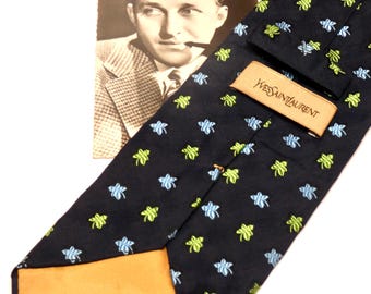Vintage Yves Saint Laurent Necktie: 1980s Navy Botanical Print