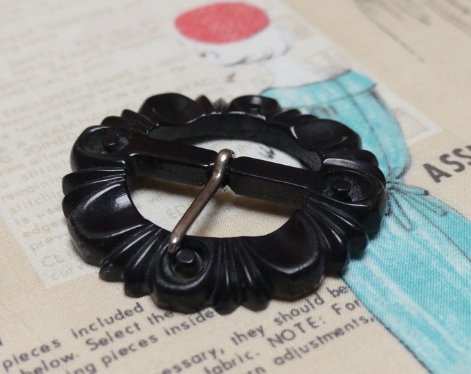 Vintage 1940 ART DECO Woman's Fashion Dress Buckle French Jet Black Carved Bakelite with Metal Pin Vintage Dressmaking Trim Vintage Wardrobe