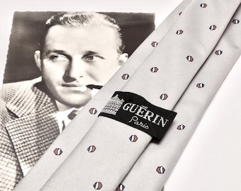 1980s Neck Tie: Guērin Paris  Retro Dove Grey Red White Blue Hexagon Design