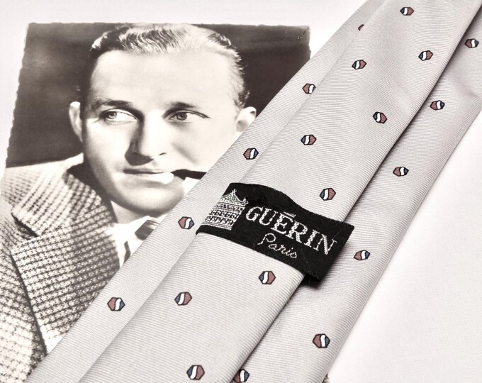 1980s Neck Tie: Guērin Paris  Retro Dove Grey Red White Blue Hexagon Design