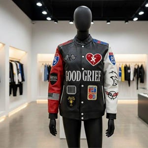 Pode incluir: Uma jaqueta varsity de couro preta, vermelha e branca com o texto GOOD GRIEF no peito. A jaqueta é adornada com vários emblemas, incluindo um coração, bandeiras quadriculadas, uma bandeira americana, um código de barras e sinais de rodovia 75 e 85.