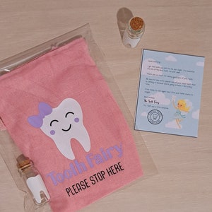 Tooth fairy bags with tooth keepsake vial and tooth fairy note. Assorted styles which can personalized. Cute keepsakes Toothfairy gift ideas