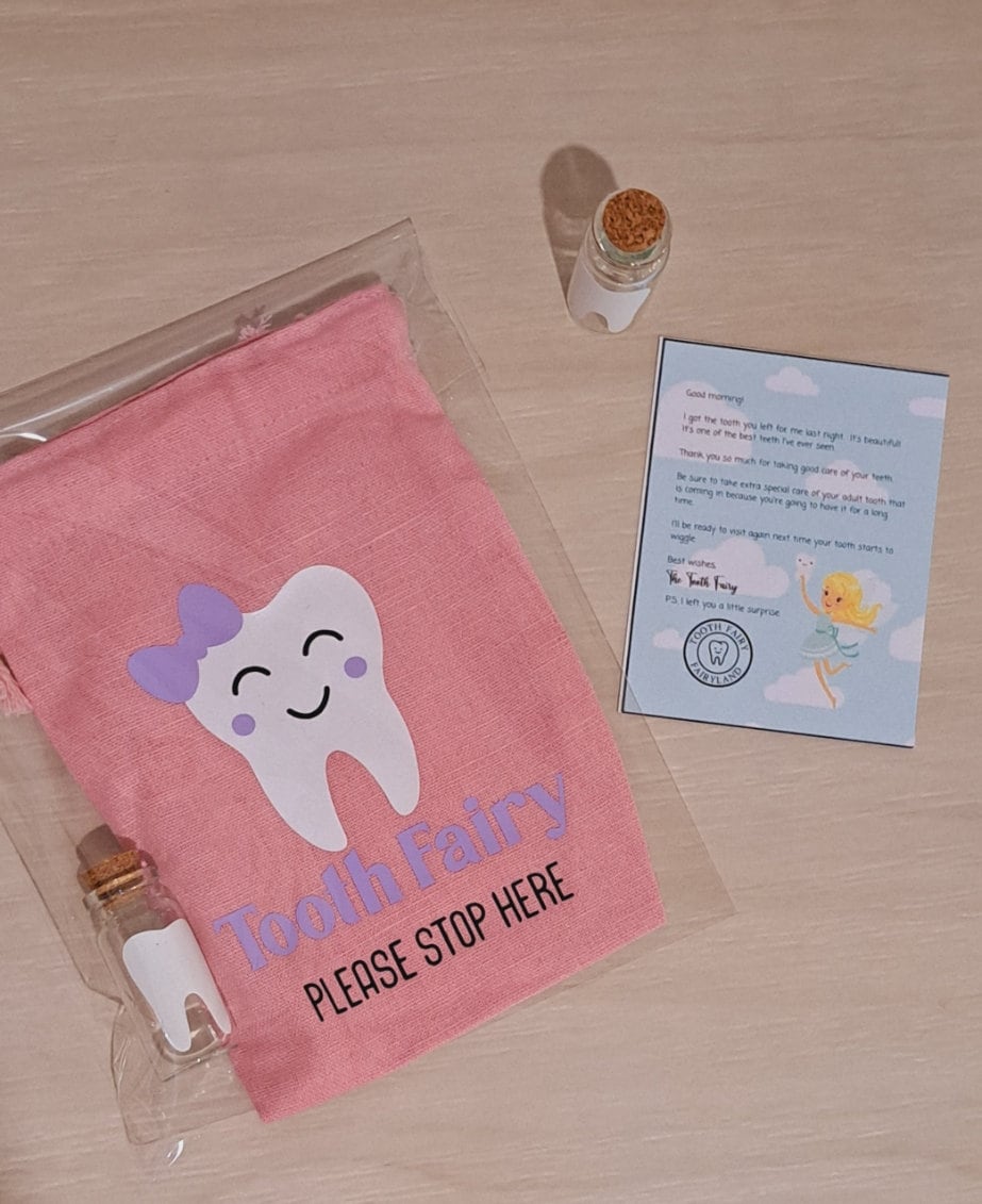 Tooth fairy bags with tooth keepsake vial and tooth fairy note. Assorted styles which can personalized. Cute keepsakes Toothfairy gift ideas