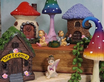 Fairy garden accessories. Whimsical rainbow standing mushroom, toadstool, resin painted toadstool, fairy gardens