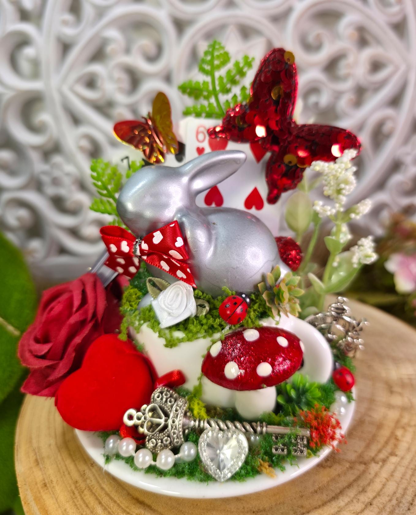 Gorgeous Red queen, Alice in wonderland inspired centrepieces. Great for weddings or themed party decor. Cute decor, gifts. OOAK.