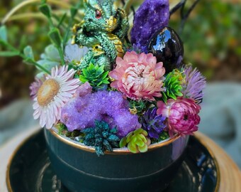 Emerald teacup with purple dragon themescapes, fairy gardens, imagination play, gifts for birthdays and Christmas. Centrepiece decor.