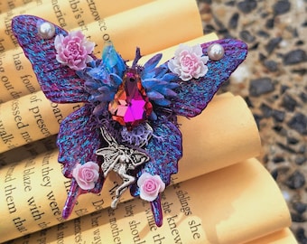 Luna moth fairy moss ring. Creative Gifts. swarovski crystal adjustable ring.