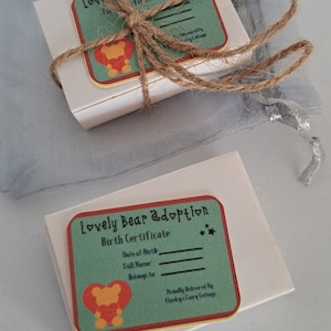 Teeny weeny Mini schattige beer set, fantasie en fantasiespel. Adopteer een mini-luciferdoosje met geboorteakte. Leuk kindercadeau.