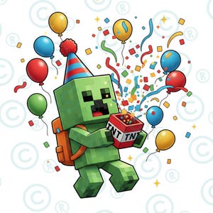 May include: A green pixelated character wearing a party hat and holding a TNT box, surrounded by colorful balloons and confetti. The character has an orange backpack and is celebrating a birthday.