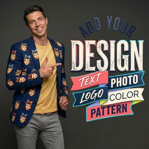 Custom Blazer Suit Jacket, Personalized Lining Photo Image Logo Coat, Design Your Own Text Color Big Tall Sport Coat