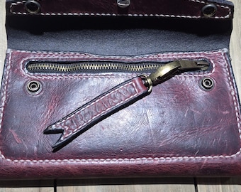 Women's Clutch Wallet w/ Diamond Flower Concho. (Horween Leather and Antique Brass Snaps). 10 Card,1 Cash Pocket. One Zippered Pocket.