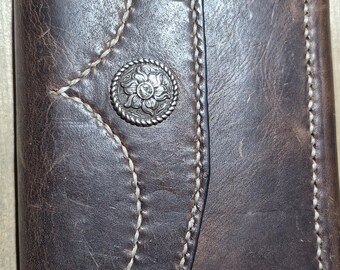 Women's Clutch Wallet w/Diamond Flower Concho. Horween Brown Leather and Antique Brass Snaps. 10 Card & 3 Cash Pockets. One Zippered Pocket.