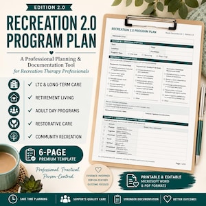 Op de afbeelding: Een professionele plannings- en documentatietool voor recreatietherapeuten. De 6-pagina's premium sjabloon omvat langdurige zorg, pensioen, dagprogramma's voor volwassenen, herstelzorg en gemeenschapsrecreatie. Printbaar en bewerkbaar in Microsoft Word & PDF.