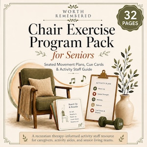 May include: A 32-page Chair Exercise Program Pack for Seniors featuring a green armchair with a tan throw, a clipboard with an activity plan, a stack of cue cards with instructions like Reach Up & Breathe, a 2lb dumbbell, and a vase with greenery.