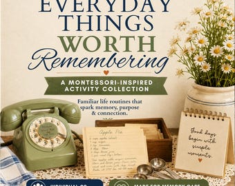May include: A collection of activity materials featuring a vintage olive green rotary telephone, a wooden box with recipe cards, and a spiral-bound notepad with the text Good days begin with simple moments, alongside a vase of white daisies.