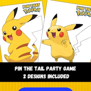 Può includere: Un gioco per feste con due disegni di Pikachu del franchise Pokémon. Il gioco si intitola "Pin the Tail Party Game" e include il testo "2 Designs Included" e un pulsante blu "Download".