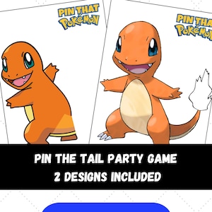 Puede incluir: Dos ilustraciones de Charmander naranja de la serie Pokemon en tarjetas blancas. Las tarjetas son parte de un "Pin the Tail Party Game" con dos diseños incluidos. Un botón azul "Descargar" está en la parte inferior.