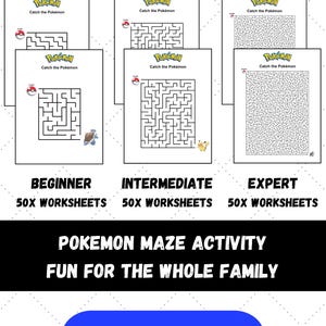 以下が含まれることがあります： ポケモン迷路アクティビティのワークシートのセット。初心者、中級者、上級者のレベルがあります。各レベルには50枚のワークシートが含まれています。画像には「Catch the Pokémon」と「Fun for the Whole Family」というテキストが含まれています。